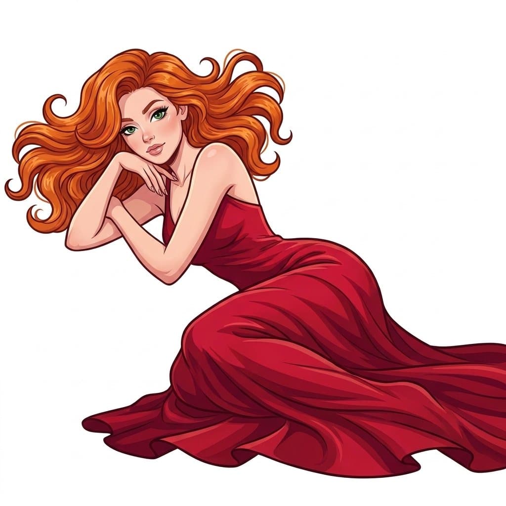 Celeste illustree, allongee en robe rouge
