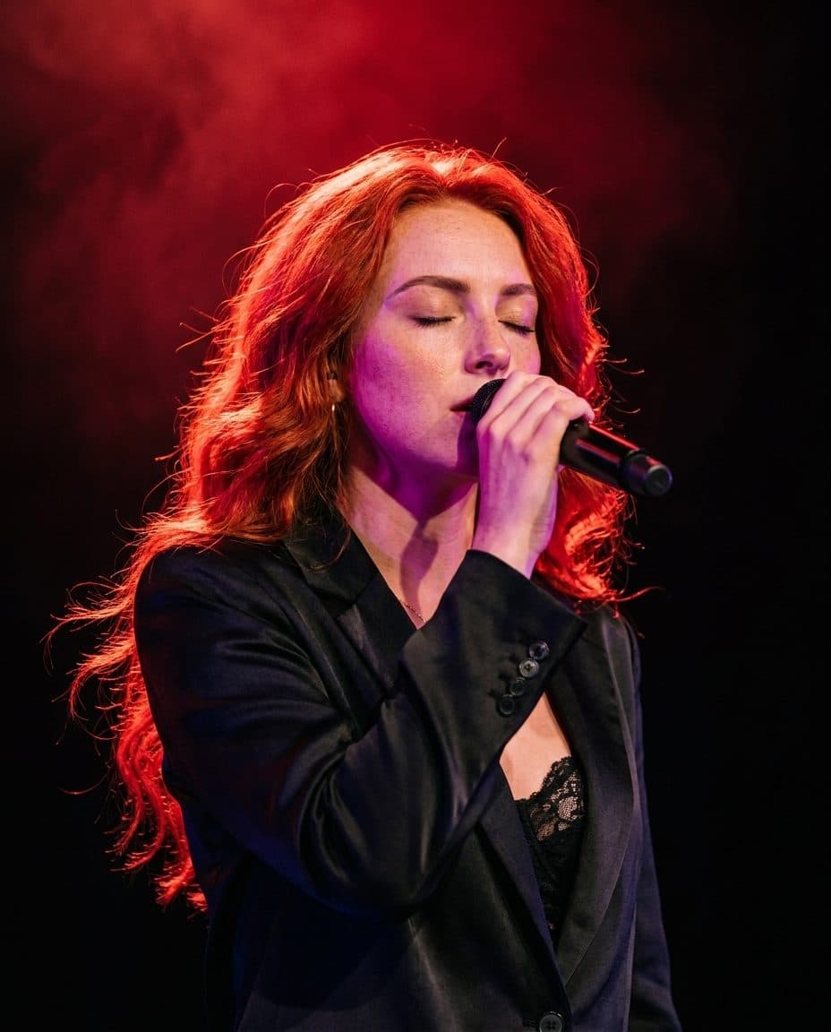 Celeste sur scène, micro à la main, dans un contre-jour rouge chargé de fumée.