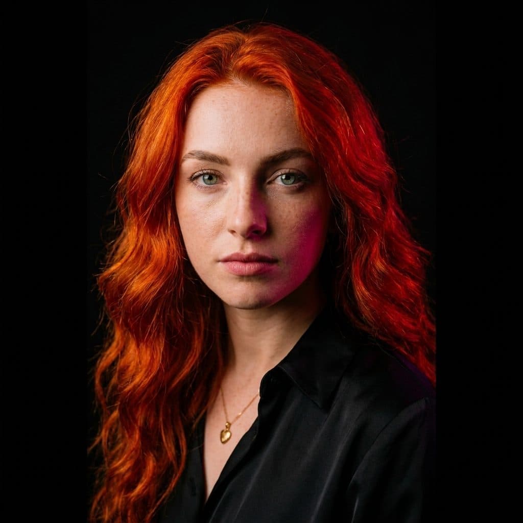 Portrait rapproché de Celeste qui rit, taches de rousseur visibles sous une lumière rouge chaude.