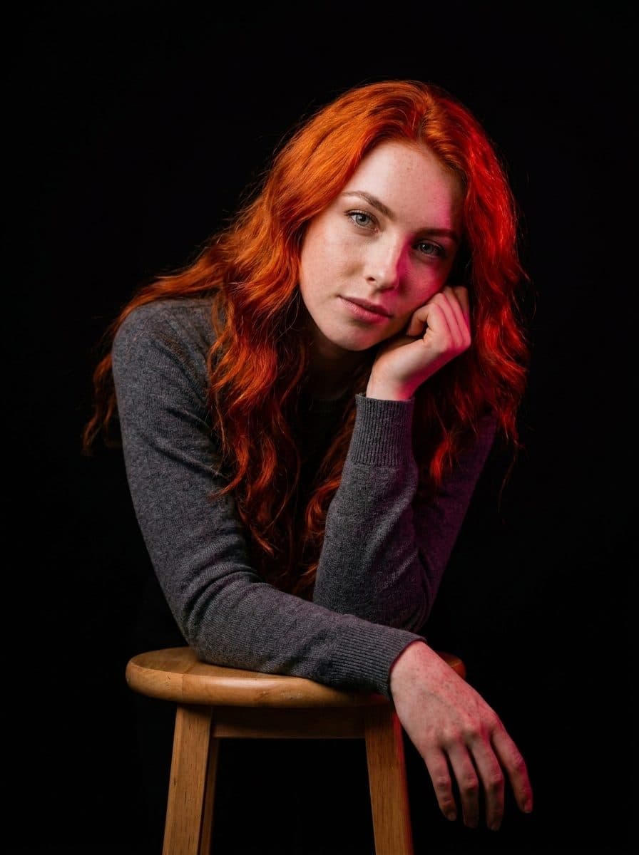 Celeste assise, penchee en avant