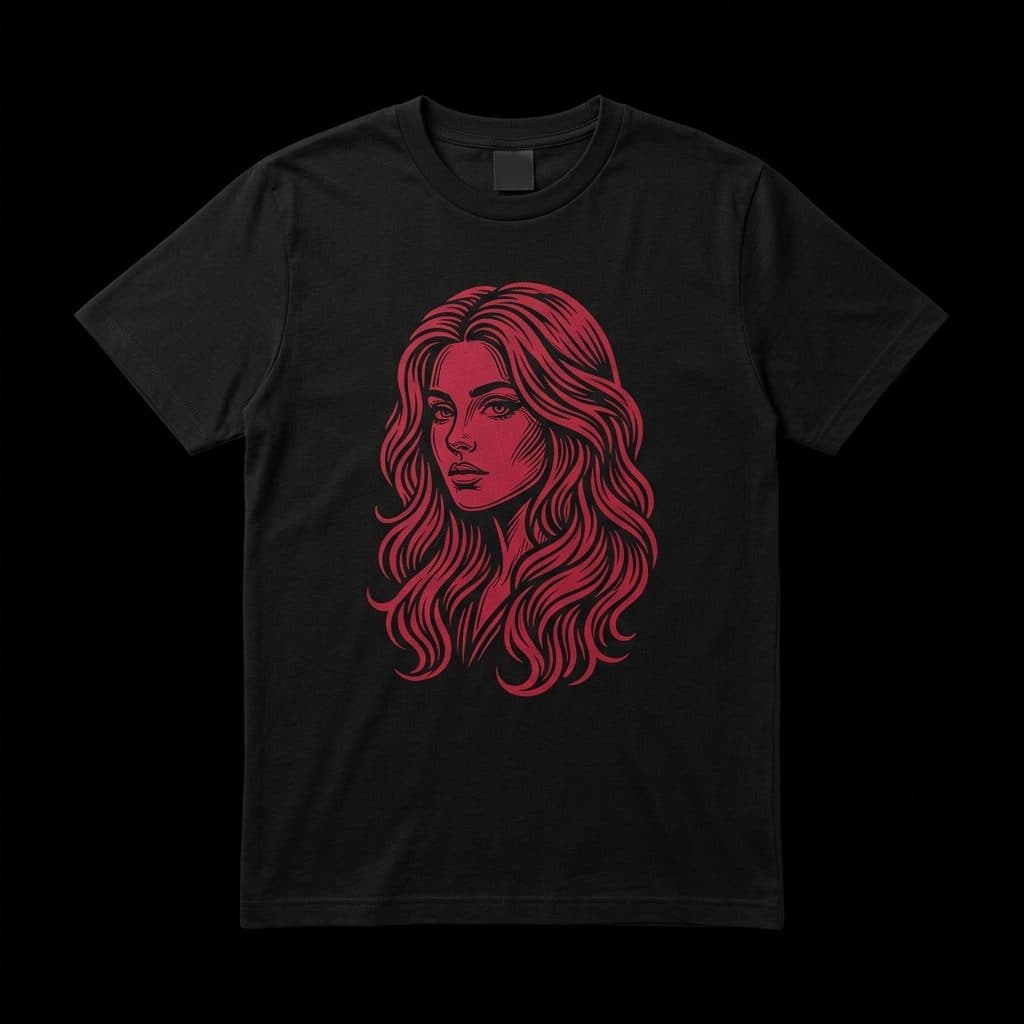 T-shirt noir à plat, sérigraphie rouge du visage de Celeste sur la poitrine.