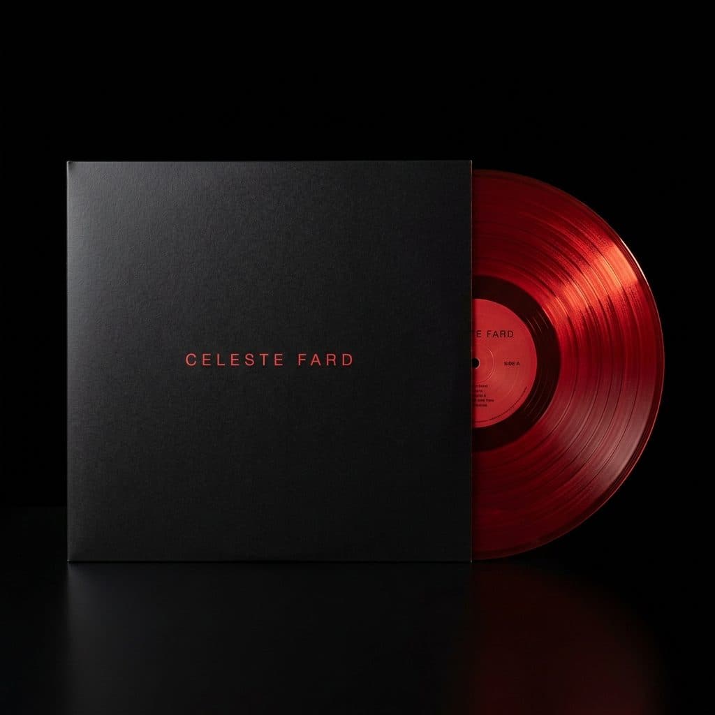Vinyle rouge translucide sortant à moitié de sa pochette noire.