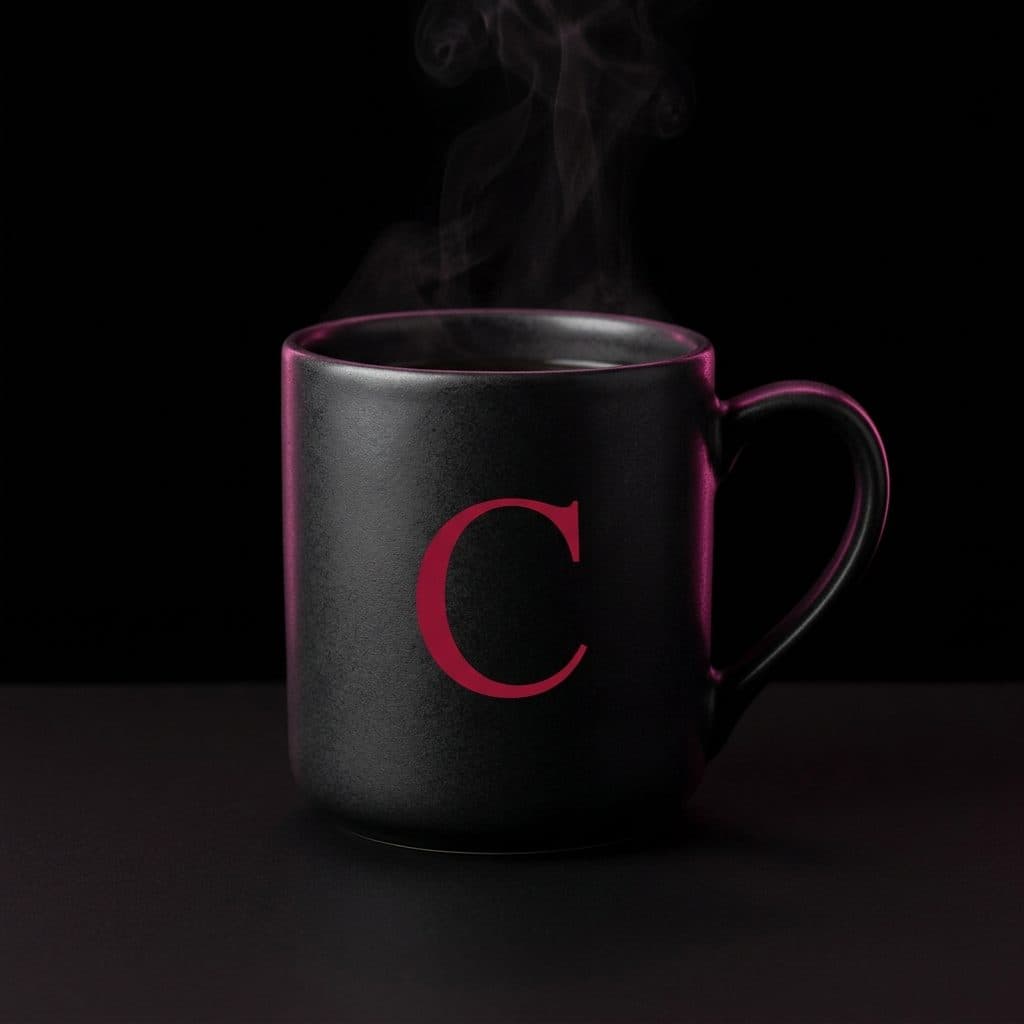 Mug noir mat portant un C rouge, posé sur fond sombre.