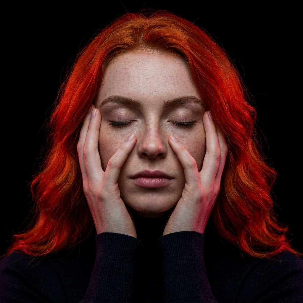 Celeste, mains encadrant le visage